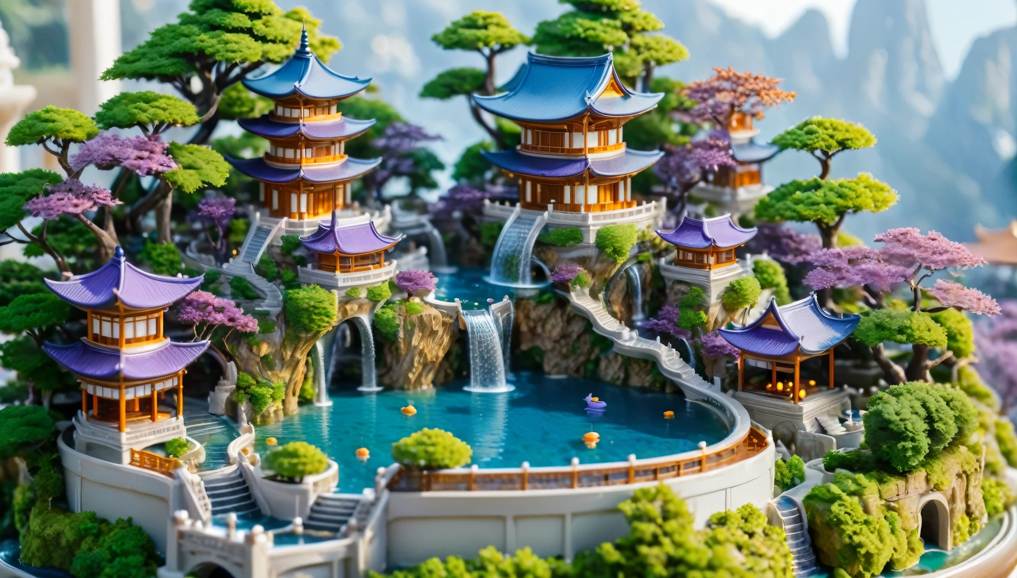 A beautifully detailed miniature city with a central pagoda-like building surrounded by a circular pool of water and cascading waterfalls. The city has a mix of ancient Asian architecture with vibrant green, orange, and purple trees spread throughout. The scene is lit with soft, warm sunlight, creating a serene and enchanting atmosphere. The buildings and streets are intricate, with a focus on the golden roofs and blue waters. The overall style is reminiscent of macro photography, with a sharp focus on the central structure and a dreamy, artistic feel to the surroundings.