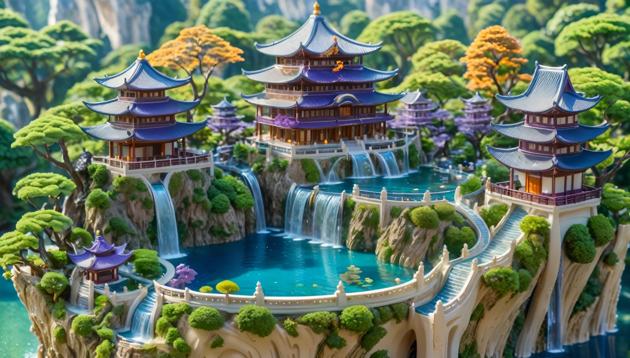 A beautifully detailed miniature city with a central pagoda-like building surrounded by a circular pool of water and cascading waterfalls. The city has a mix of ancient Asian architecture with vibrant green, orange, and purple trees spread throughout. The scene is lit with soft, warm sunlight, creating a serene and enchanting atmosphere. The buildings and streets are intricate, with a focus on the golden roofs and blue waters. The overall style is reminiscent of macro photography, with a sharp focus on the central structure and a dreamy, artistic feel to the surroundings.