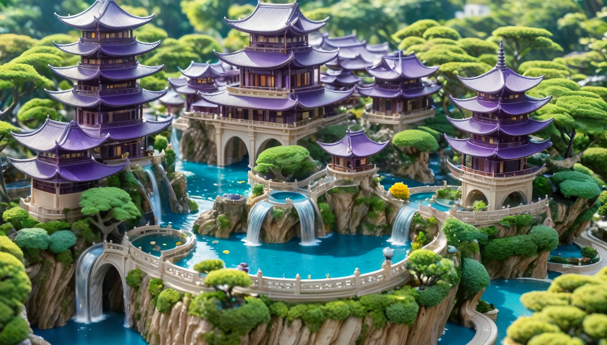 A beautifully detailed miniature city with a central pagoda-like building surrounded by a circular pool of water and cascading waterfalls. The city has a mix of ancient Asian architecture with vibrant green, orange, and purple trees spread throughout. The scene is lit with soft, warm sunlight, creating a serene and enchanting atmosphere. The buildings and streets are intricate, with a focus on the golden roofs and blue waters. The overall style is reminiscent of macro photography, with a sharp focus on the central structure and a dreamy, artistic feel to the surroundings.