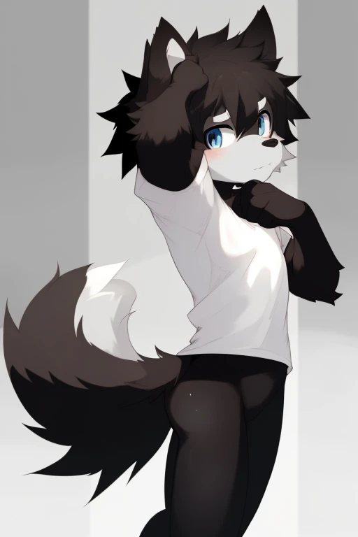 Furry wolf,((Shota)), black spandex tights, white shirt, solo, standing 