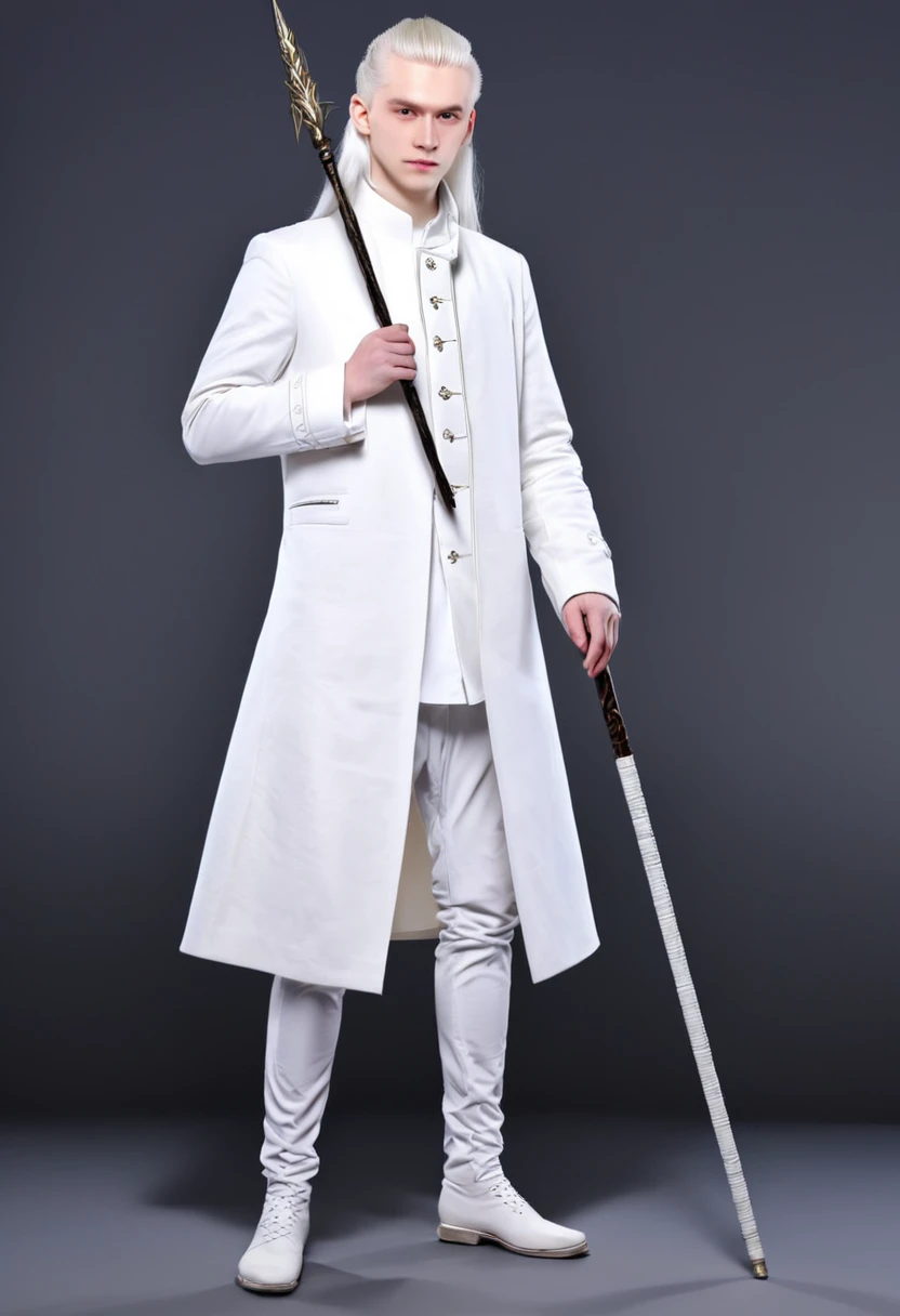 Male, albino, with long white hair down to his feet,dressed in a white coat, long to the feet, having white pupils, Slavic in appearance. Holds a spear in his right hand, the size of a ager. anime style