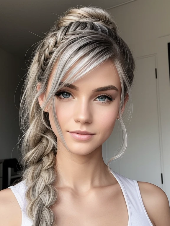 Cassandra is a tall young woman with pale skin, gray eyes and white wavy hair with gray streaks, braided into a high ponytail with many small braids. Two strands of hair and asymmetrical bangs go down the sides of the face
