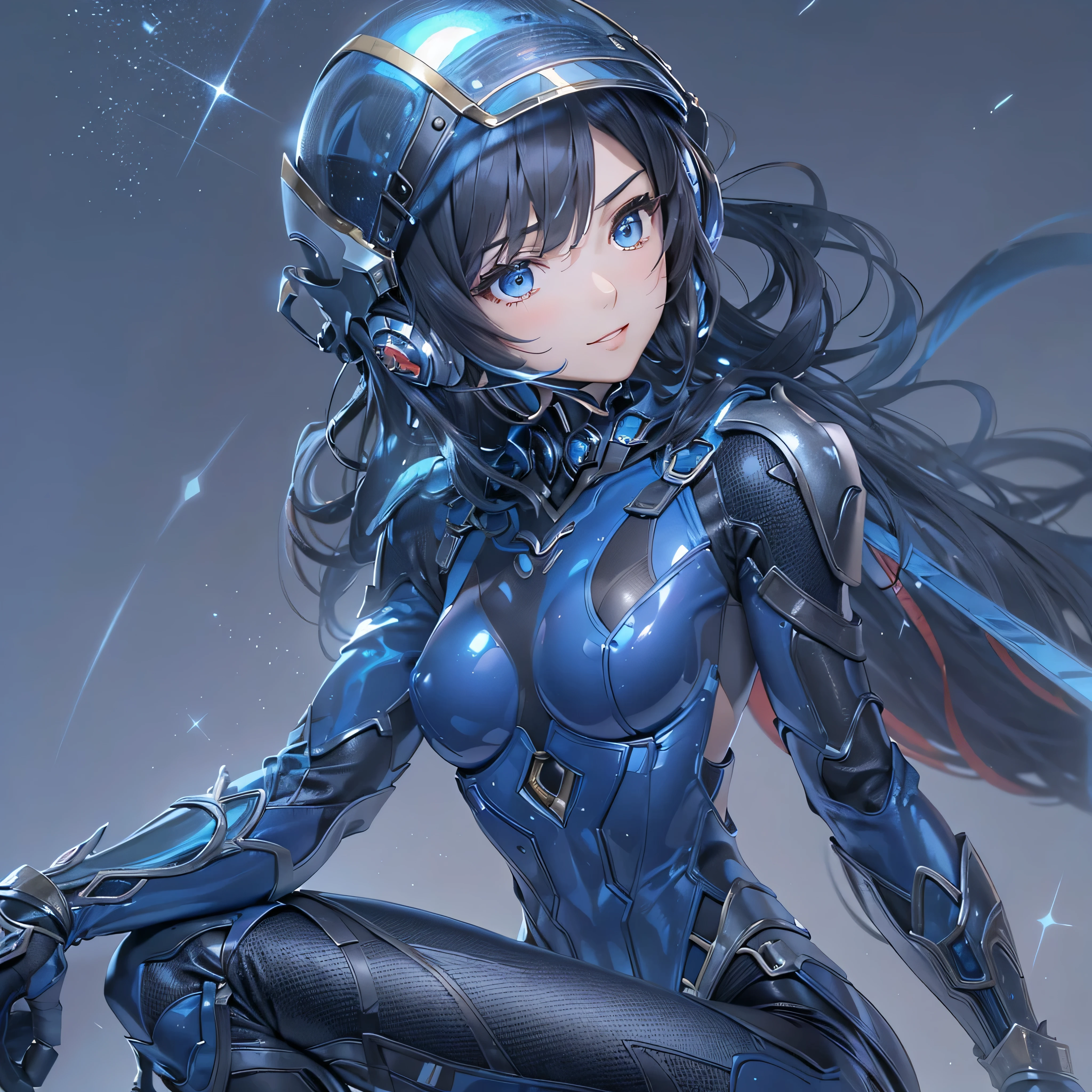 (masterpiece、highest quality、Highest Resolution、Clear_image、Detailed details、Angle from above): (Whole body、One 20 year old girl、Japanese Faces、Small Face、Slender、Navy blue super short bob cut hair、(Hidden small breasts:1.3)、Sparkling blue eyes、Shiny pilot suit in blue and black colors、Chest protection armor、Tight fitting clothes、Clothing that covers the whole body、Glamorous clothes、Tight Fit Pants、Hide your skin、Very delicate and beautiful、Detailed Skin、hide thighs、Hide your ass、Cute、A gentle smile、Soft expression、heroine、headset、Knee-high boots、Elbow-length gloves、Eye Level Shot、Face directly、Woman on a spaceship)
