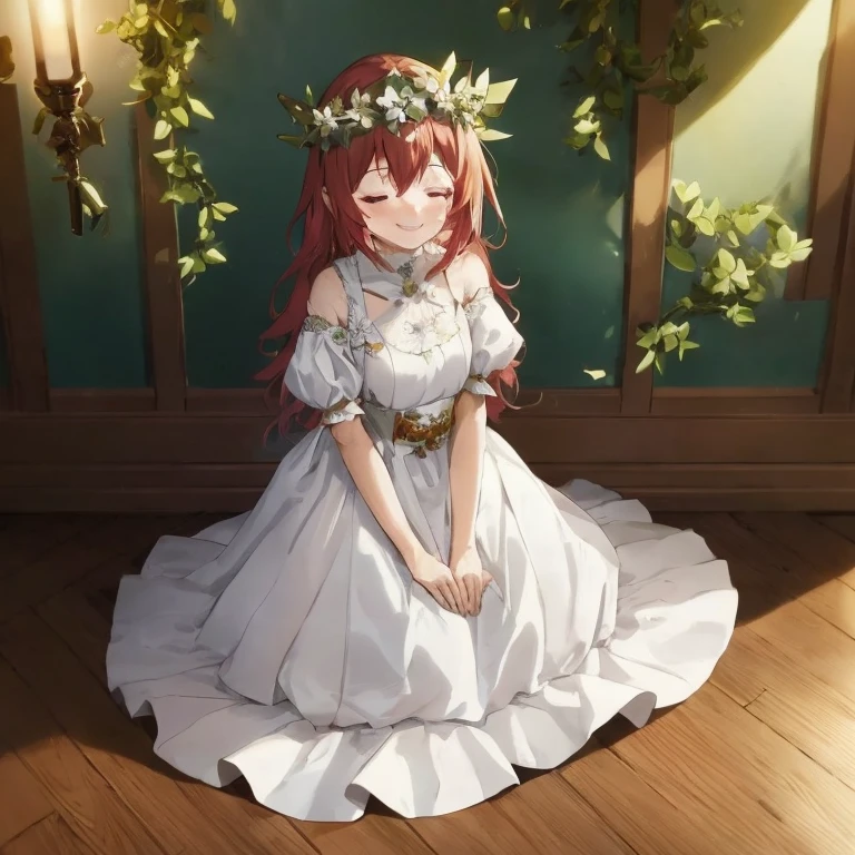 Anime, Woman in white dress sitting on wooden floor, Cute anime waifu in a nice dress, smiling as a queen of fairies, in dress, guweiz on pixiv artstation, lovely languid princess, guweiz, royal elegant pose, Anime visuals of cute girls, guweiz on artstation pixiv, ethereal anime