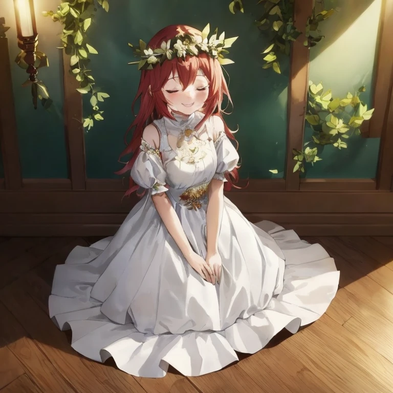 Anime, Woman in white dress sitting on wooden floor, Cute anime waifu in a nice dress, smiling as a queen of fairies, in dress, guweiz on pixiv artstation, lovely languid princess, guweiz, royal elegant pose, Anime visuals of cute girls, guweiz on artstation pixiv, ethereal anime