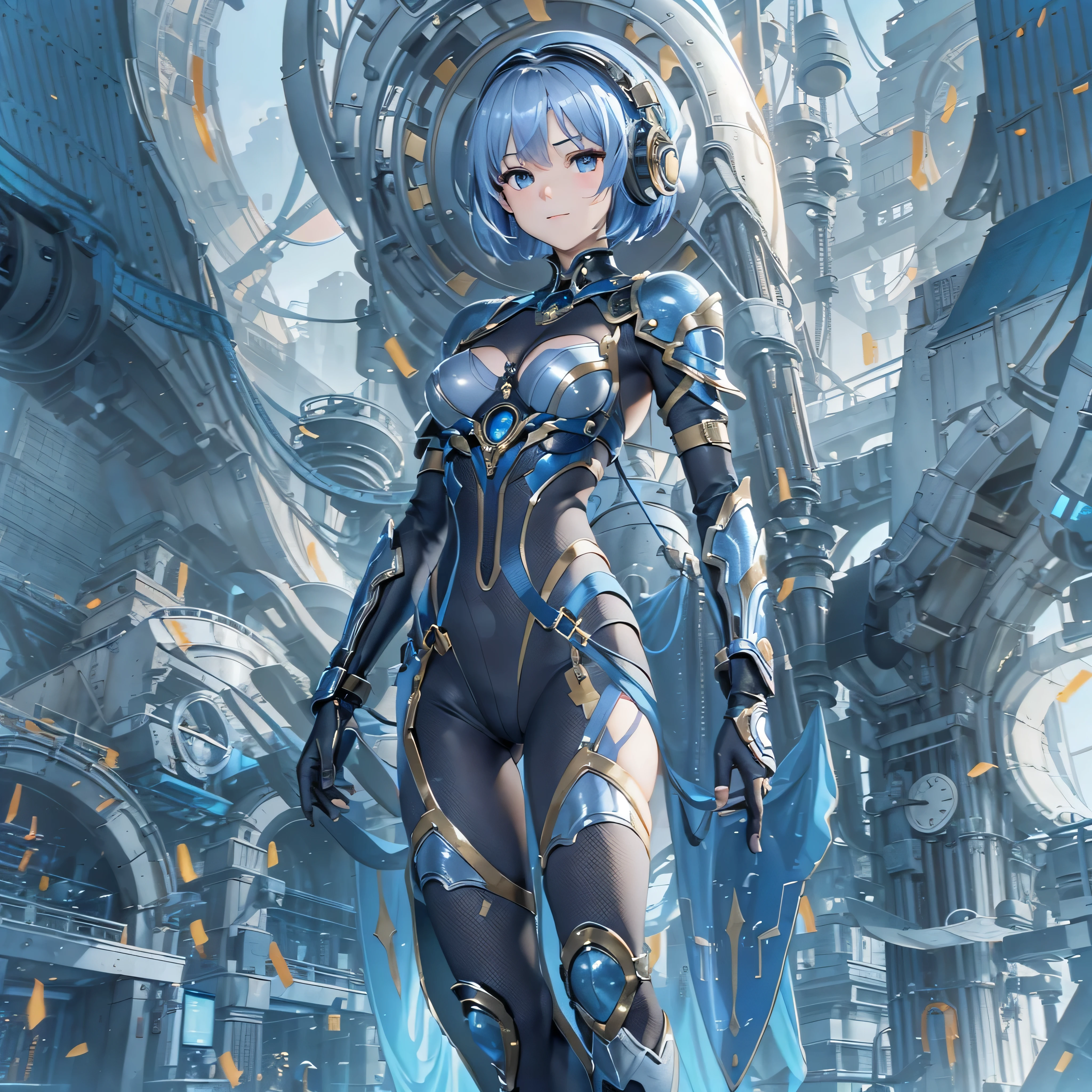(masterpiece、highest quality、Highest Resolution、Clear_image、Detailed details、Angle from above): (Whole body、One 20 year old girl、Japanese Faces、Small Face、Slender、Navy blue super short bob cut hair、(Hidden small breasts:1.3)、Sparkling blue eyes、Shiny pilot suit in blue and black colors、Chest protection armor、Tight fitting clothes、Clothing that covers the whole body、Glamorous clothes、Tight Fit Pants、Hide your skin、Very delicate and beautiful、Detailed Skin、hide thighs、Hide your ass、Cute、A gentle smile、Soft expression、heroine、headset、Knee-high boots、Elbow-length gloves、Eye Level Shot、Face directly、Woman on a spaceship)