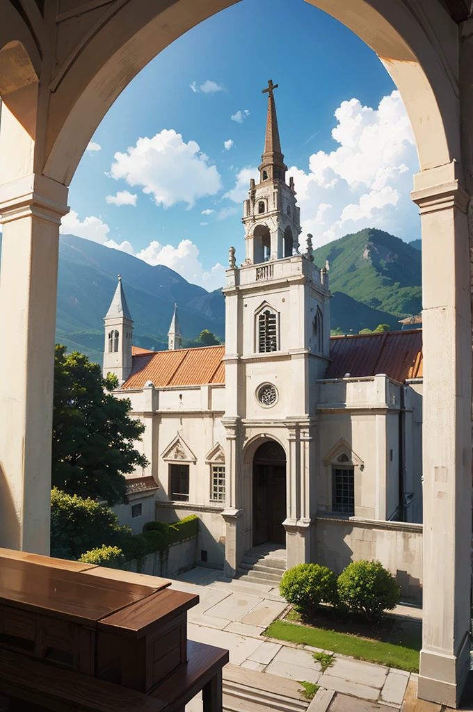 Iglesia antigua desde afuera, vista desde el suelo, con cielos celestes