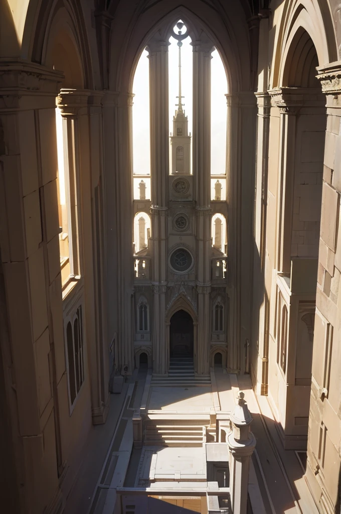 Iglesia antigua desde afuera, vista desde el suelo, con cielos celestes