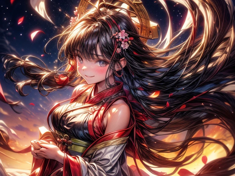 (8k, best quality, masterpiece:1.2), (realistic, photo-realistic:1.5),1girl, cute, sitting, dating, (smile:1.15), (closed mouth) medium breasts, beautiful detailed eyes, (Hanfu, tang, Tang Dynasty, Tang clothing: 1.4),full body, ((topless)), ((bra)), beautiful and delicate water, the finest grass, very delicate light, nature, painting, water spray, breeze, flowers and grass meadow, near the water edge, (sunset, starry sky in a circle), randomly distributed clouds, river, splashing water, falling petals