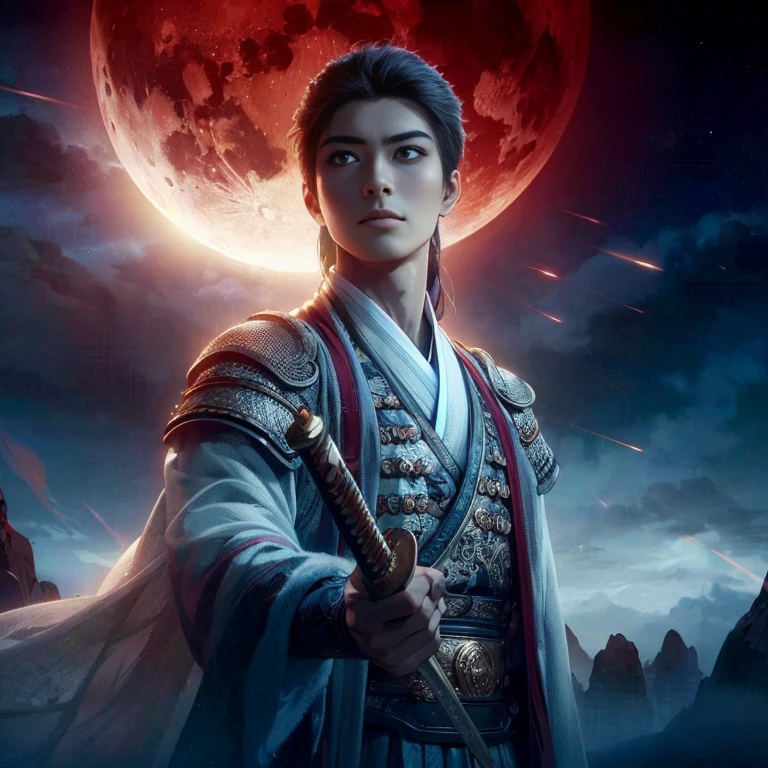 (Best Quality:1.2), (high resolution:1.2), (beautiful face and eye:1.5), (sharpest focus:1.2), (Ultra-realistic Photo:1.2), (Ultra-precise Photo:1.2), (Depth of field:1.2), (8k high resolution:1.2). (perfect :1.2), 
(nice hands:1.5), (perfect hands:1.5), (Very young beautiful Chinese man:1.0), (Standing quietly facing left:1.0), (Mars shining brightly in the night sky:1.2), (Looking up angle:1.3), (He is quietly lowering his drawn sword:1.0), 
(A Chinese warrior, very lightly armed and beaten up:1.0), (One foot on the top of a spiky boulder:1.0), (Cynical smile:1.0),