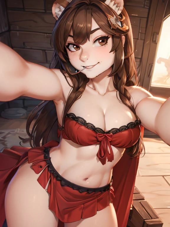 underboobwear, pelvic curtain, brown hair, smiling, selfie, ((spunkmouth)), cuminmouth, cleavage, microdress