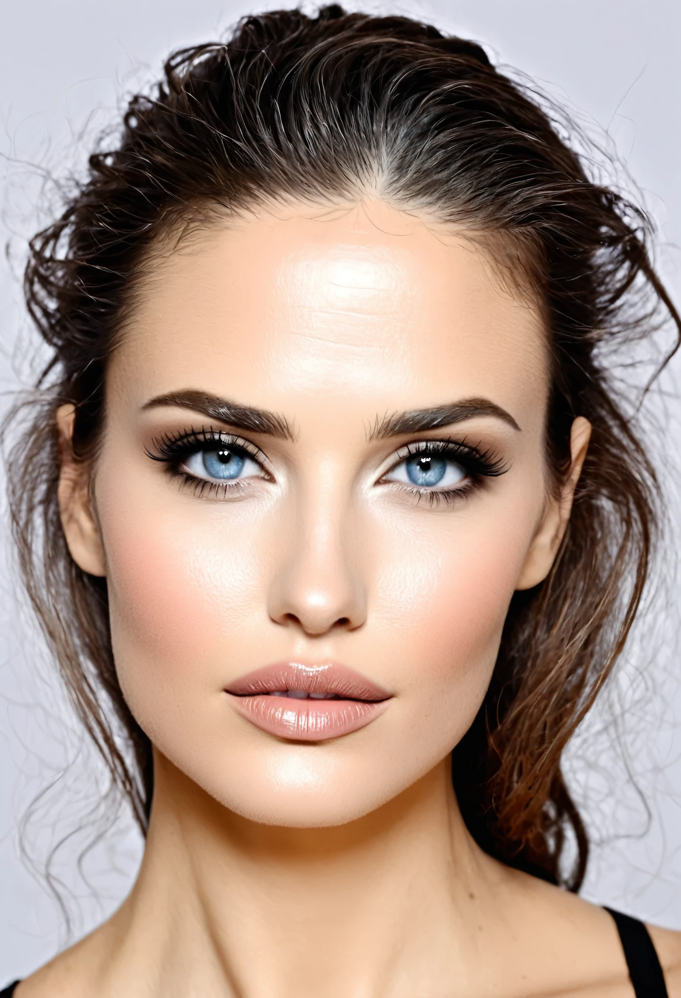 make a white woman, olhos azuis, cabelo loiro ruivo, thin lips, nariz empinado e pequeno, cabelo liso escorrido grande, bochechas para dentro, drawn jaw, predominant cheekbones.