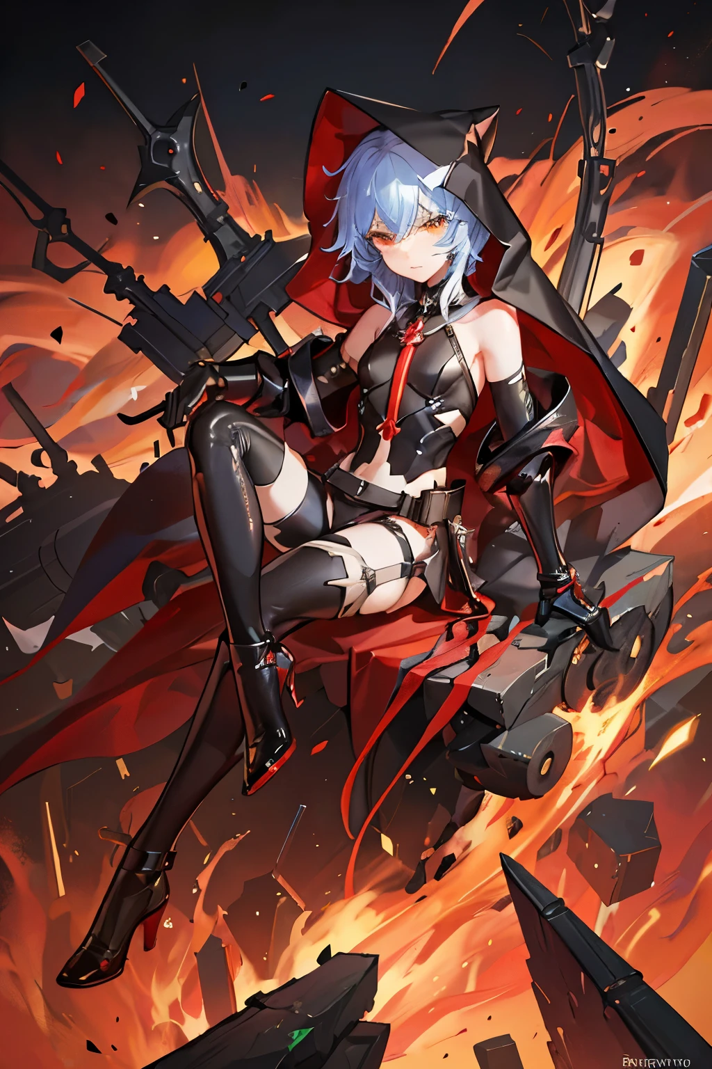 Create an image of an adult Red Riding Hood superhero who is vigilantly patrolling the crime-infested streets of a dark and dangerous city. She is a (((femboy))) wears a sleek, modernized version of the classic red hooded cape, but it's now a form-fitting, crimson latex outfit with black accents. Her costume features elements of both strength and grace, with a touch of yellow to symbolize hope and determination. She's armed with domination gadgets and is seen confidently navigating the gritty urban landscape, her presence a beacon of justice in the midst of chaos. (((sexy))). ((((flat chest)))) action pose, dynamic angle