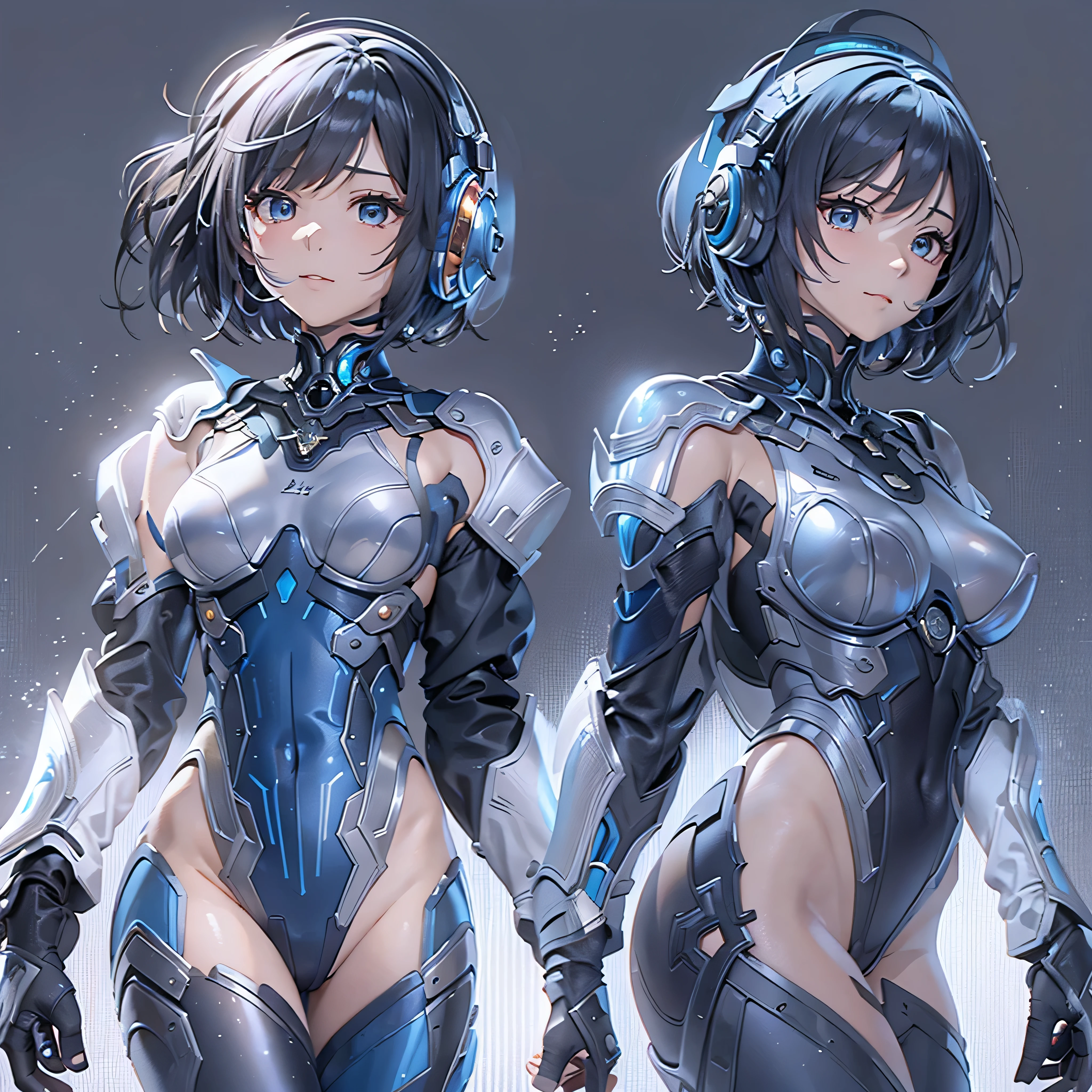 (masterpiece、highest quality、Highest Resolution、Clear_image、Detailed details、Angle from above): (Whole body、One 20 year old girl、Japanese Faces、Small Face、Slender、Navy blue super short bob cut hair、(Hidden small breasts:1.3)、Sparkling blue eyes、Shiny pilot suit in blue and black colors、Chest protection armor、Tight fitting clothes、Clothing that covers the whole body、Glamorous clothes、Tight Fit Pants、Hide your skin、Very delicate and beautiful、Detailed Skin、hide thighs、Hide your ass、Cute、A gentle smile、Soft expression、heroine、headset、Knee-high boots、Elbow-length gloves、Eye Level Shot、Face directly、Woman on a spaceship)