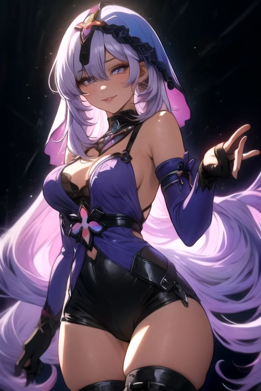 masterpiece, best quality, ultra detailed, dynamic angle, watercolor and oil painting fusion, hot black artwork, white line art, beautiful woman, 1 woman, older woman, black swan, beauty, perfect anatomy, perfect eyes, perfect fingers, perfect hands, anime girl, black high gloves, sexy dress, tight, black stockings, thighs, purple hair, seductive smile, room background, soft, seductive, hot, spicy,