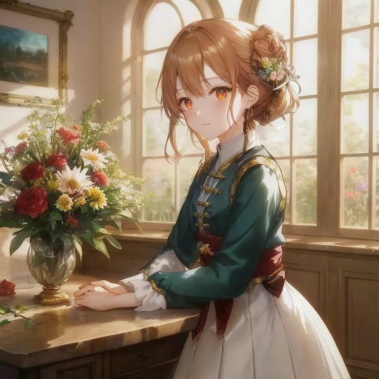 Anime girl sitting at table with flowers in a vase, Beautiful Anime Portrait, high quality portrait, guweiz on pixiv artstation, Female protagonist 👀 :8, marin kitagawa fanart, guweiz, Portrait of an anime girl, guweiz on artstation pixiv, Rin, Violet Evergarden, beautiful character painting, Anime visuals of cute girls