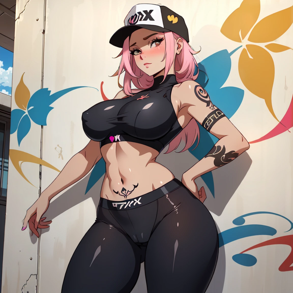 estilo anime, mujer grafitera, grafiti en la pared, desnuda contra la pared, gorra de lado, colores vivos, buena figura, buenas curvas, tatuajes maxima calidad, ultra detallado, 8K, cuerpo entero, cameltoe