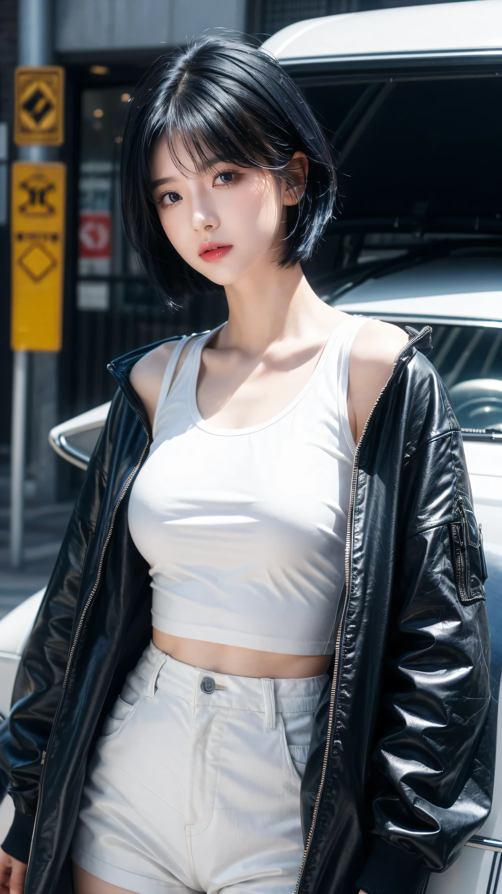 best quality, 1 Girl, dark blue hair, black eyes, Very short hair, Spiky hair, t-shirt, white jacket , High waist short, 171 cm, Messy hair, Hair between the eyes, Medium breasts, full, Tomboy, aldult, 20 years old, 1 Girl near classic car