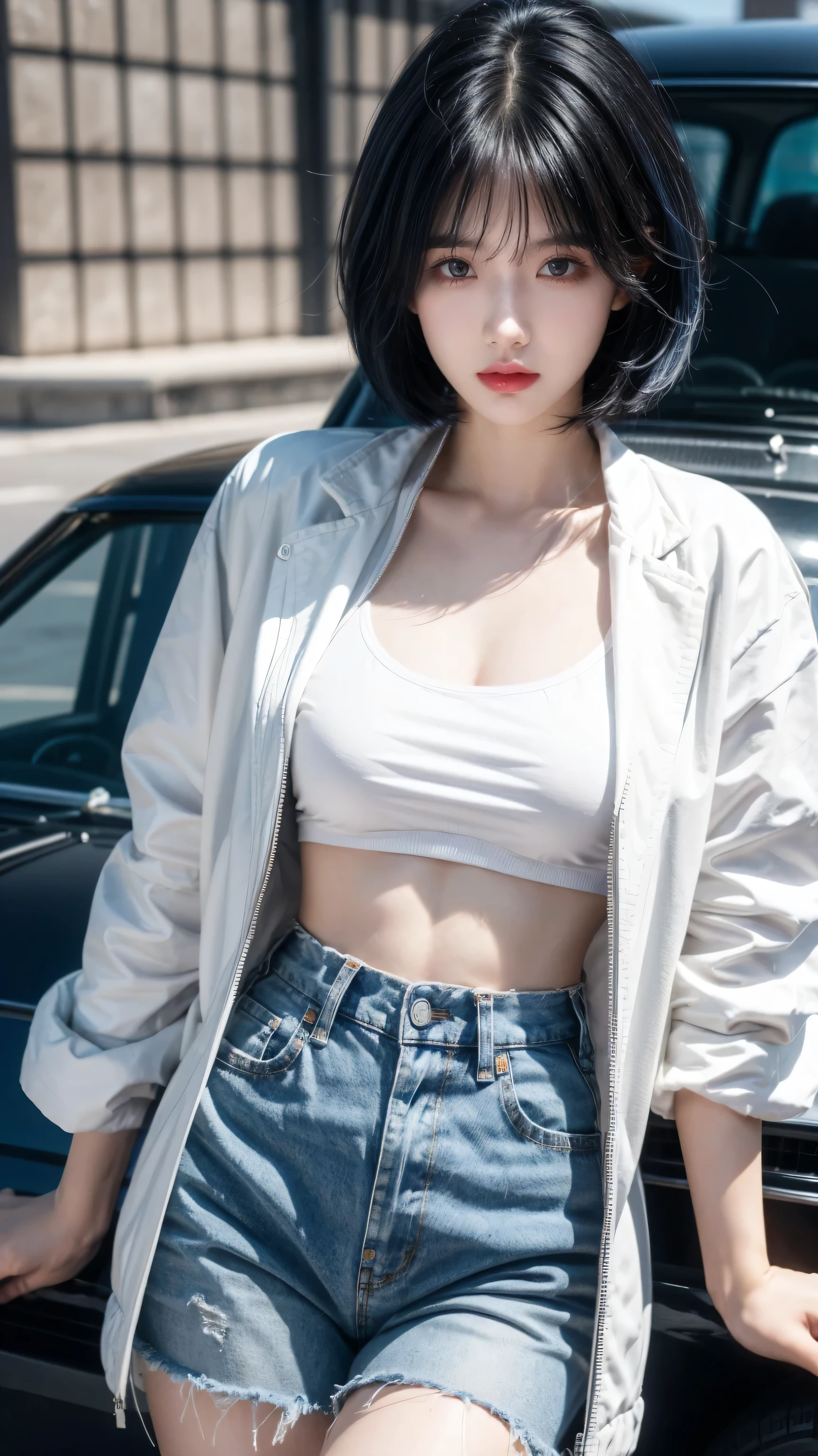 best quality, 1 Girl, dark blue hair, black eyes, Very short hair, Spiky hair, t-shirt, white jacket , High waist short, 171 cm, Messy hair, Hair between the eyes, Medium breasts, full, Tomboy, aldult, 20 years old, 1 Girl near classic car