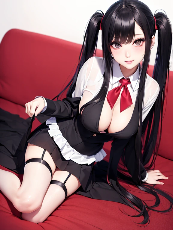 (Manhwa style), a sexy girl, long black straight hair, black eyes, beautiful eyes, blush on make up, red eyeliner, twintail hair, neck tie, white shirt, mini pleated skirt, stockings, garter belt, big breasts, blushing, smiling, (high quality), (best quality), (full body), sexy lips
