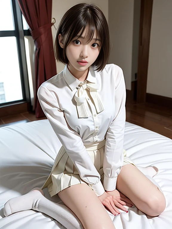 ffinely detail, hight resolution, hightquality、Perfect dynamic composition, Beautiful detailed eyes, bob cut, glossy crimson lip,Kamimei、in room、13 years girl、1 persons、Transparent skin、masutepiece, Best Quality, Illustration, Ultra-detailed, finely detail, hight resolution, 16K、The correct state of the human body、( slender body:1.5)、(small breasts:1.5)、(13 year old body:1.5)、(white business collared blouse:1.5),(white bowtie blouse:1.5),(white pleated miniskirt:1.5),(white high socks:1.5),very red blush,full body shot,looking up,open mouth,sad expression,(wariza on the bed:1.5),(hand between legs:1.5)