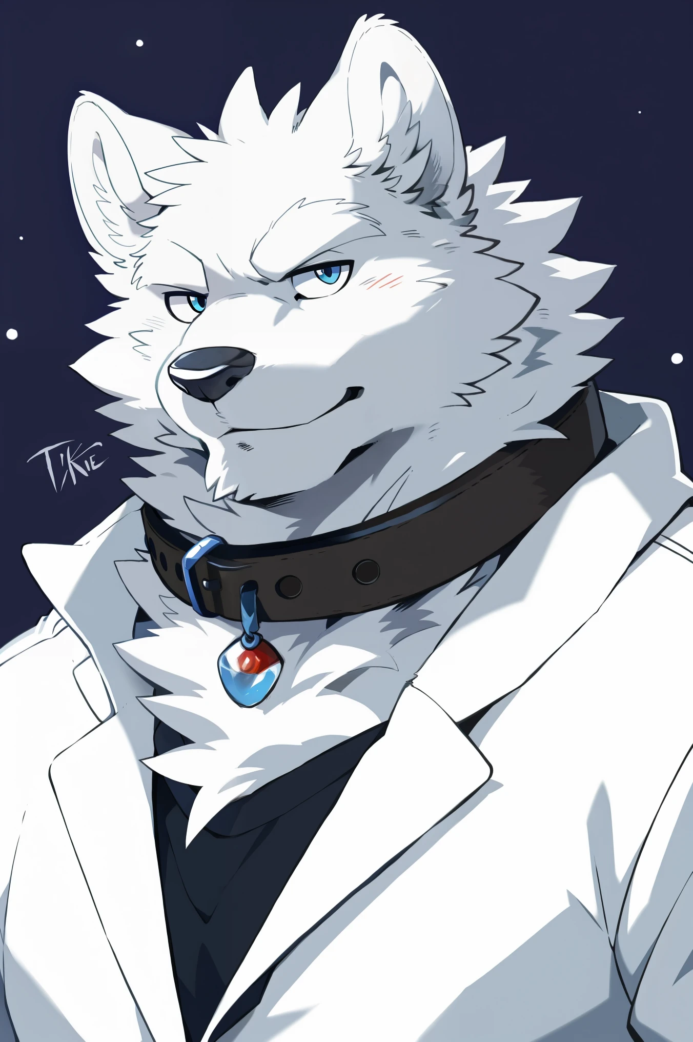 snow wolf, (all white fur:1.5), solo, Perfect sky blue eyes, Collar, Wearing a white suit, (artist:Takemoto Arashi), Look at the audience, Mature face, elder, Simple background, naughty face, glint, longeyelashes, naughty face, fang out, from side, Tonalism, tachi-e, best quality, UHD, super detail, high details