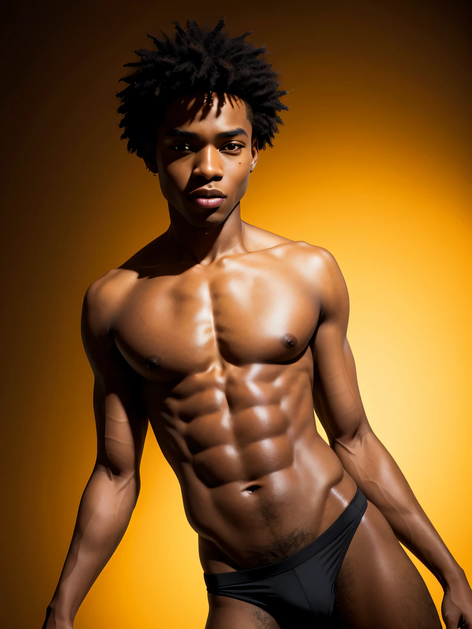 (1boy, photorealistic:1.4, ultra realistic, masterpiece:1.2, best quality, 4k, 8k) beautiful full body photograph of a 21-year-old black male wearing only orange underwear, black hair, detailed eyes, African male, Athletic body build, perfect big butt, playful expression, intimate moments, delicate skin, detailed face, ultra realistic skin, youthful innocence, shot on Nikon d850 50mm, dlsr, RAW, photo studio lighting, 3 point lighting, flash with soft box, simple orange background