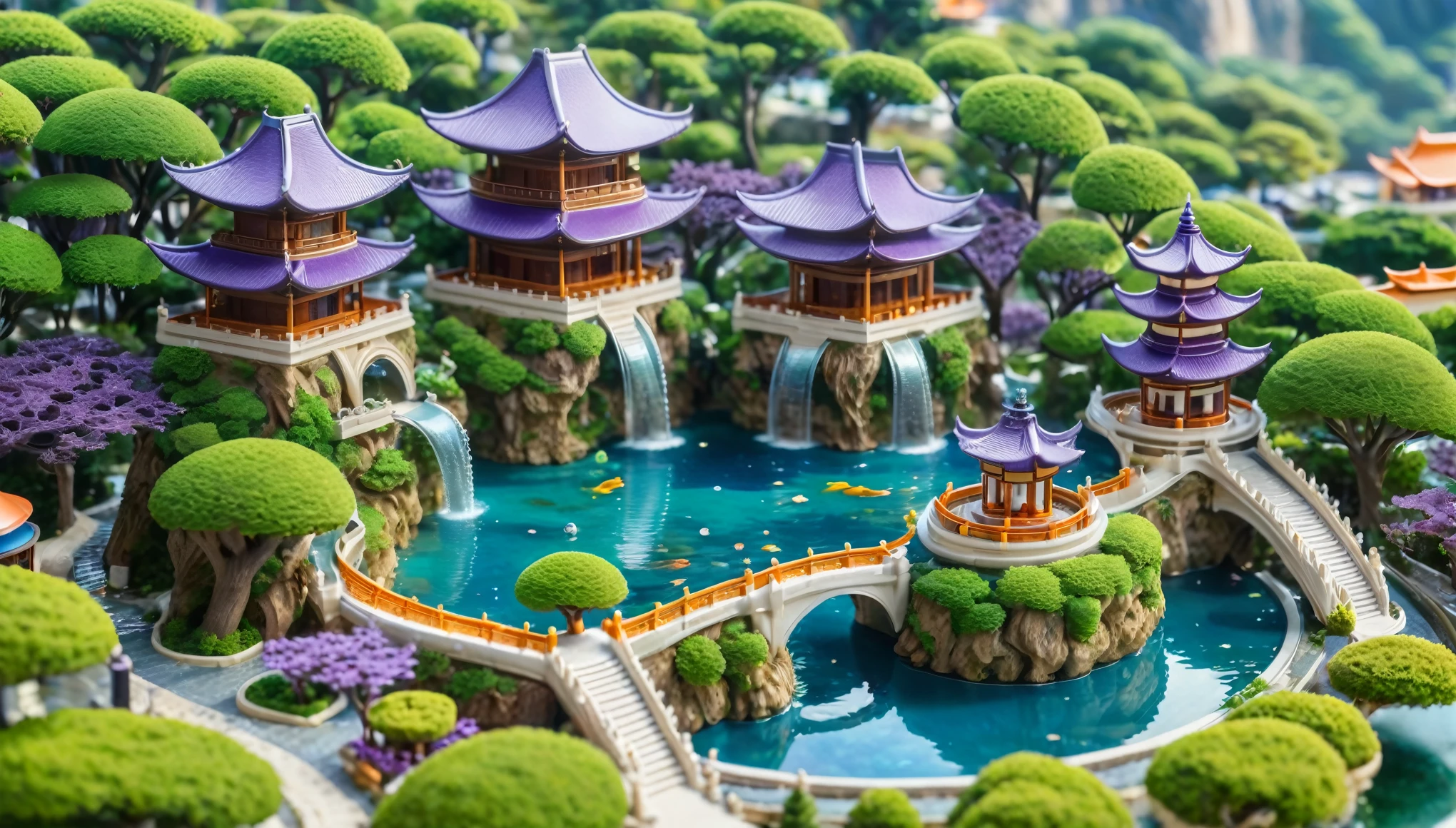 A beautifully detailed miniature city with a central pagoda-like building surrounded by a circular pool of water and cascading waterfalls. The city has a mix of ancient Asian architecture with vibrant green, orange, and purple trees spread throughout. The scene is lit with soft, warm sunlight, creating a serene and enchanting atmosphere. The buildings and streets are intricate, with a focus on the golden roofs and blue waters. The overall style is reminiscent of macro photography, with a sharp focus on the central structure and a dreamy, artistic feel to the surroundings.