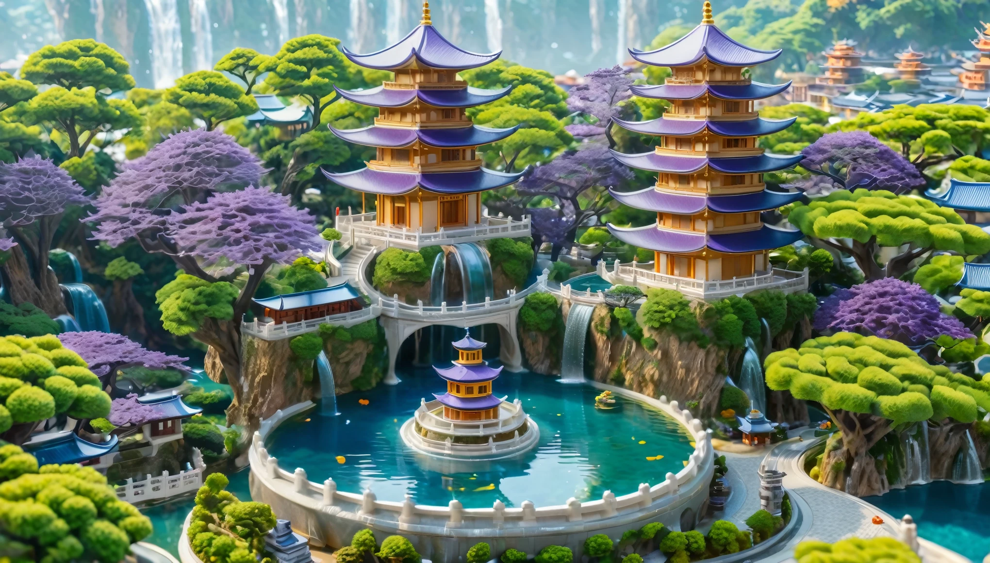 A beautifully detailed miniature city with a central pagoda-like building surrounded by a circular pool of water and cascading waterfalls. The city has a mix of ancient Asian architecture with vibrant green, orange, and purple trees spread throughout. The scene is lit with soft, warm sunlight, creating a serene and enchanting atmosphere. The buildings and streets are intricate, with a focus on the golden roofs and blue waters. The overall style is reminiscent of macro photography, with a sharp focus on the central structure and a dreamy, artistic feel to the surroundings.