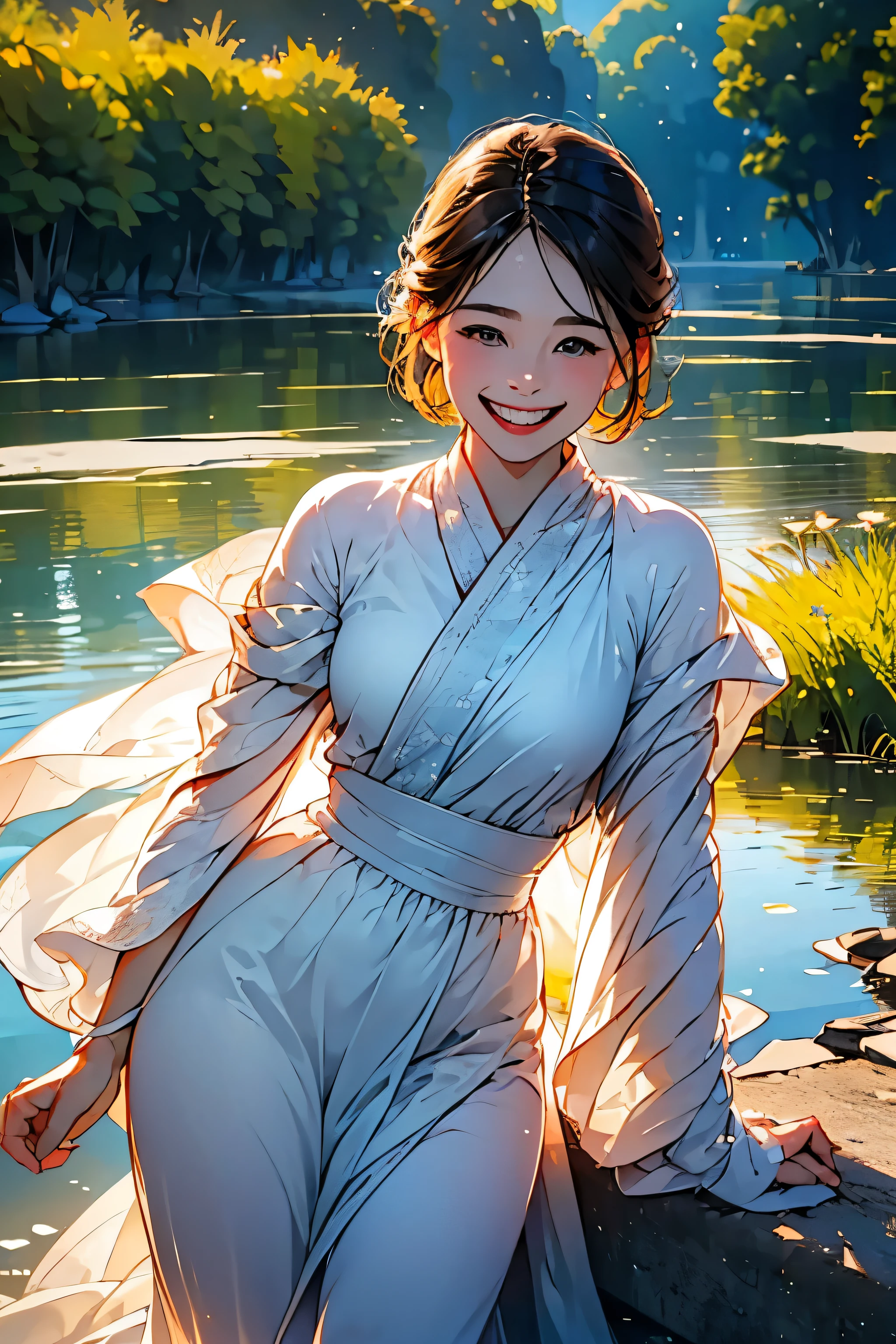(in 8K、top-quality、masterpiece:1.2)、One woman、(Smiling smile:1.1)、beautidful eyes、Valley、The upper part of the body、shorth hair、Like a boy、bob cuts、Blue View、
