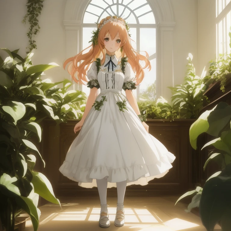 Anime girl in dress standing in room with plants, Official Character Art, high detailed official artwork, anime key visual of elegant, a maid in a magical forest, Cute anime waifu in a nice dress, Official art, ethereal anime, portrait of Lolita, Rin,  in dress, summer morning light, daytime ethereal anime, Anime visuals of cute girls