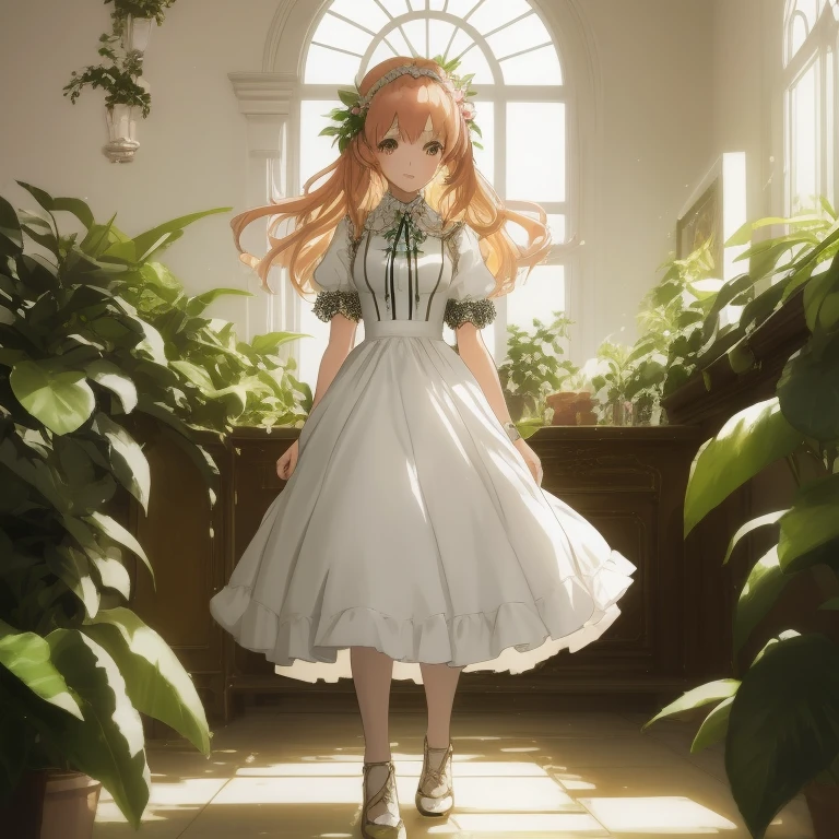 Anime girl in dress standing in room with plants, Official Character Art, high detailed official artwork, anime key visual of elegant, a maid in a magical forest, Cute anime waifu in a nice dress, Official art, ethereal anime, portrait of ****ta, Rin,  in dress, summer morning light, daytime ethereal anime, Anime visuals of cute girls