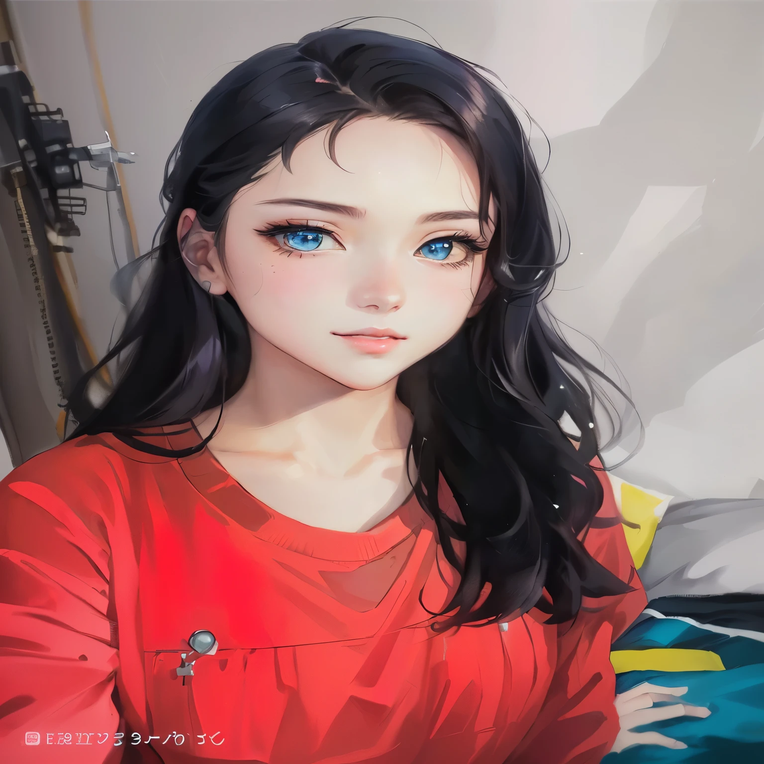 anime girl with long black hair and blue eyes sitting on a bed, painted in anime painter studio, beautiful anime portrait, realistic anime artstyle, made with anime painter studio, portrait anime girl, anime style portrait, digital anime illustration, detailed portrait of anime girl, [ 4 k digital art ]!!, 🤤 girl portrait, realistic anime art style, kawaii realistic portrait