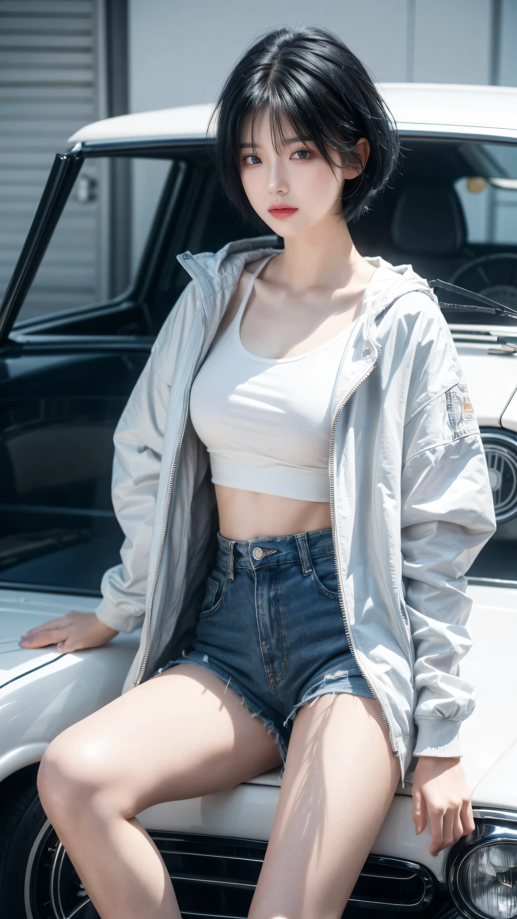 best quality, 1 Girl, dark blue hair, black eyes, Very short hair, Spiky hair, t-shirt, white jacket , High waist short, 171 cm, Messy hair, Hair between the eyes, Medium breasts, full, Tomboy, aldult, 20 years old, 1 Girl near classic car