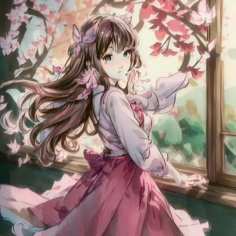 Anime girl with long brown hair and butterfly in pink dress, Cute anime waifu in a nice dress, Beautiful anime girl, pretty anime girl, Beautiful anime, (Anime Girl), Cute anime girl, sakura petals around her, young anime girl, Anime visuals of cute girls, anime wallaper, Beautiful Anime Portrait, anime moe art style, beautiful anime woman, charming anime girls