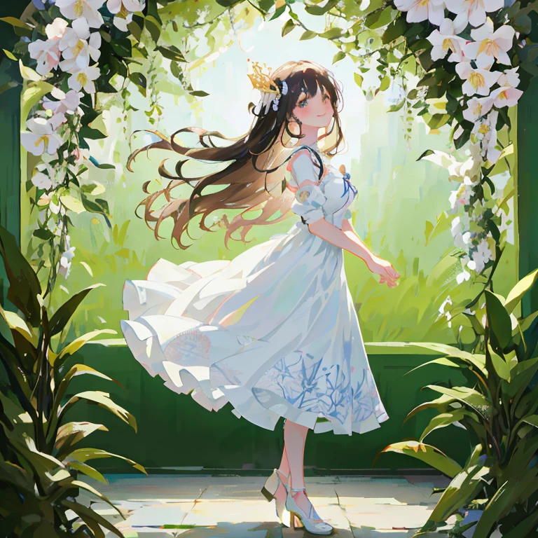 Anime girl in white dress standing in garden with flowers, beautiful anime art, a beautiful artwork illustration, smiling as a queen of fairies, beautiful anime artwork,  in dress, Smooth Anime CG Art, Cute anime waifu in a nice dress, Anime visuals of cute girls, Beautiful anime, she is the center of the garden, beautiful fantasy anime