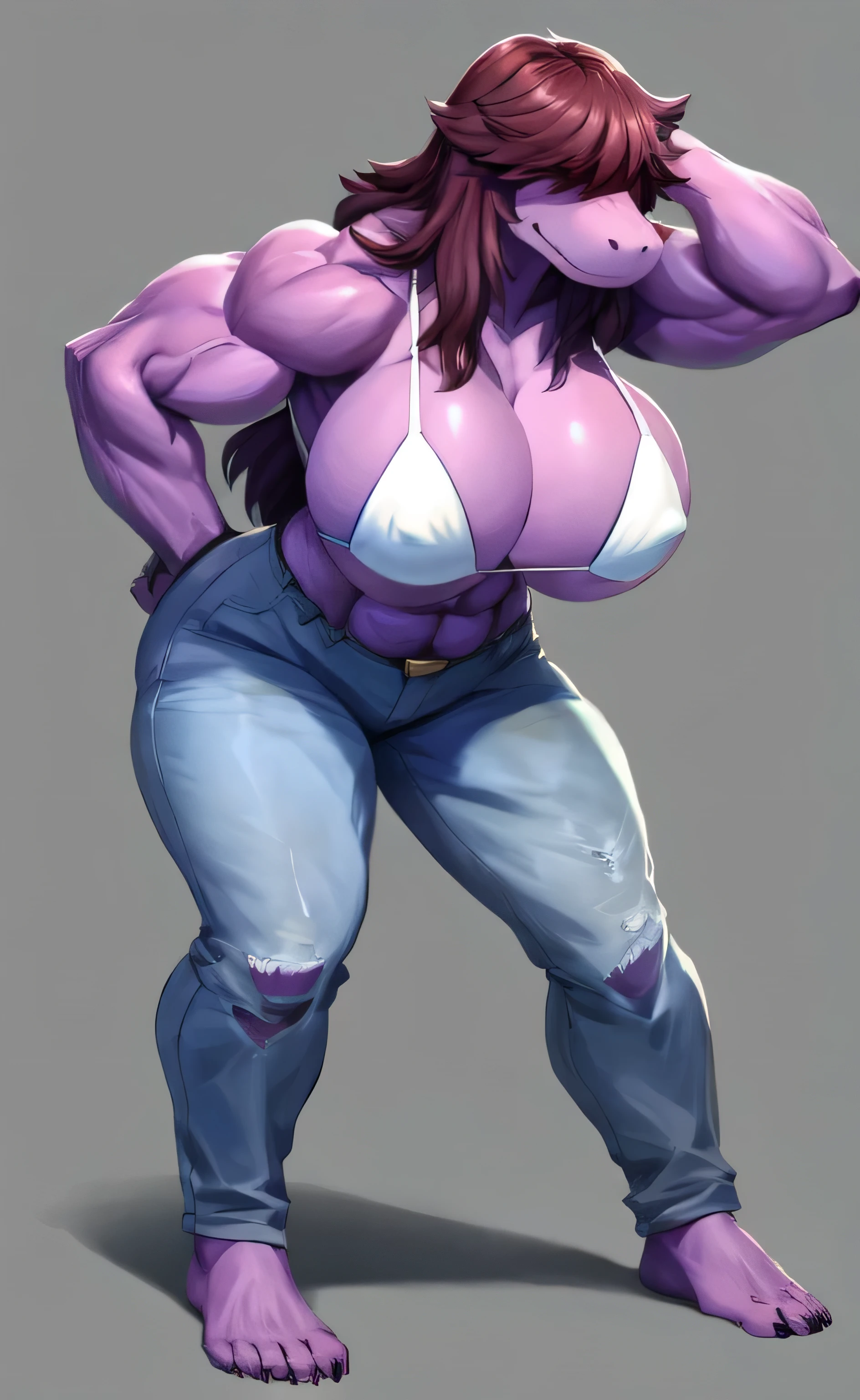 Susie, white bikini, zerrissene Jeans, schwarze Schuhe, langes braunes Haar, gelbe Augen, Crossing arms, an einen Spind gelehnt, in einem Schulflur, von gudlmok99, von sleepiness18, Jitome:1.2, Betrachter betrachten extrem large pumpin herself up huge overfilled round breast_implant, huge tits keep_inflating inflatable_Extrem_like a blimp_chest Massive Muscle