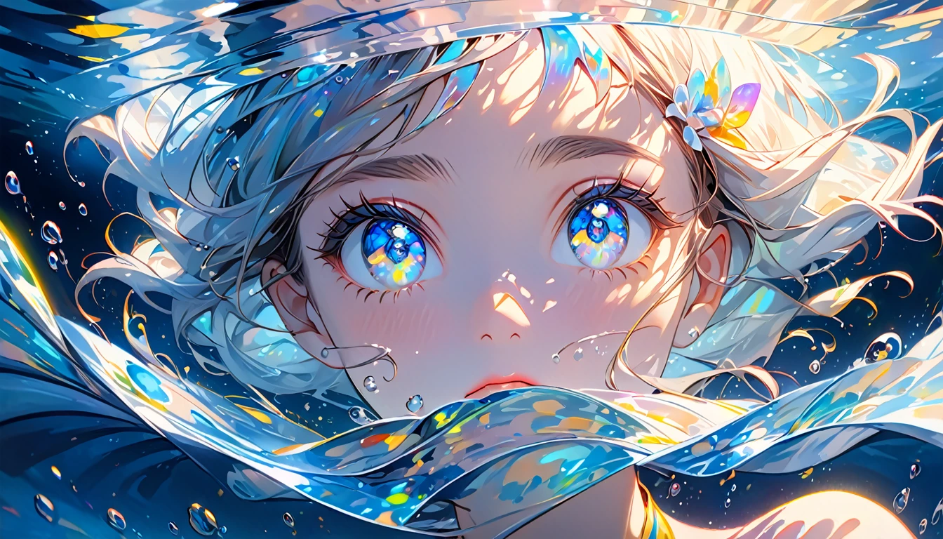 girl swims underwater,hyper detailed render style,glow,yellow,blue,brush,surreal oil painting,shiny eyes,head closeup,exaggerated perspective,tyndall effect,water drops,mother of pearl iridescence,holographic white,black background,
