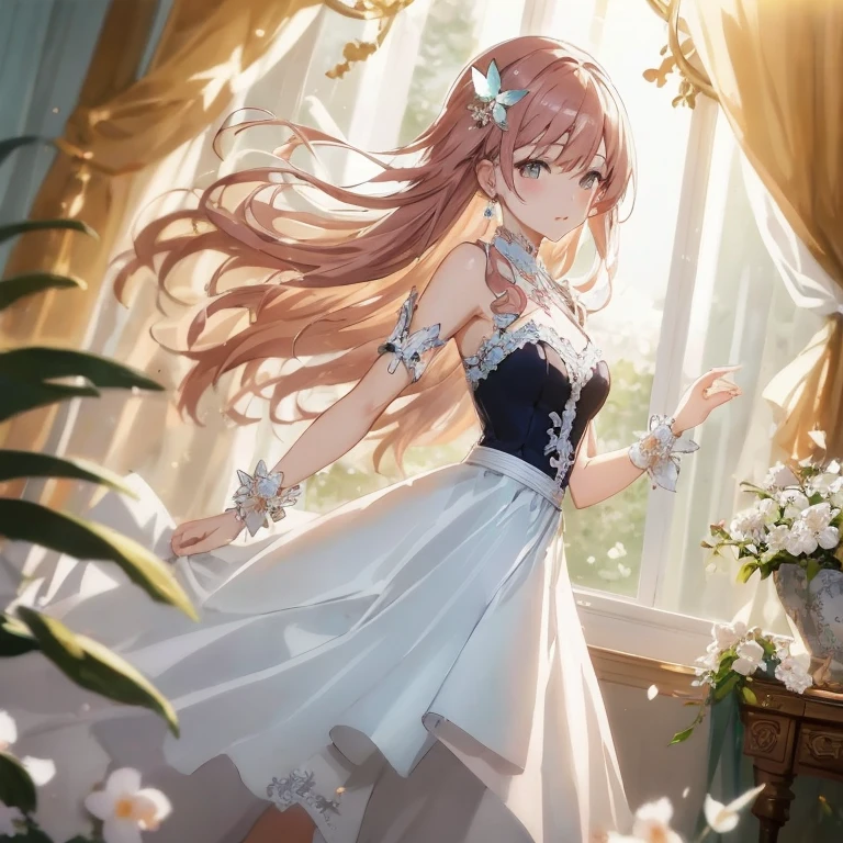 Anime girl in white dress standing in front of window, Cute anime waifu in a nice dress,  in dress, cushart krenz key art feminine, high detailed official artwork, 8k high quality detailed art, guweiz on pixiv artstation, Trending on ArtStation pixiv, guweiz on artstation pixiv