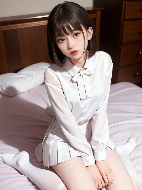 ffinely detail, hight resolution, hightquality、Perfect dynamic composition, Beautiful detailed eyes, bob cut, glossy crimson lip,Kamimei、in room、13 years girl、1 persons、Transparent skin、masutepiece, Best Quality, Illustration, Ultra-detailed, finely detail, hight resolution, 16K、The correct state of the human body、( slender body:1.5)、(small breasts:1.5)、(13 year old body:1.5)、(white business collared blouse:1.5),(white bowtie blouse:1.5),(white pleated miniskirt:1.5),(white high socks:1.5),very red blush,full body shot,looking up,open mouth,sad expression,(wariza on the bed:1.5),(hand between legs:1.5)