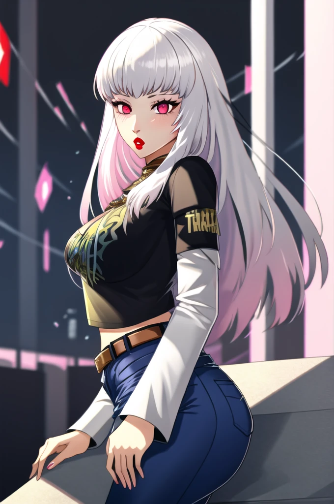 (masterpiece:1.2), best quality, high resolution, 1girl, solo, lysithea, white hair, pink eyes, 1girl, solo, black t-shirt, white shirt, blue jeans, belt, lipstick, large breasts, layered sleeves