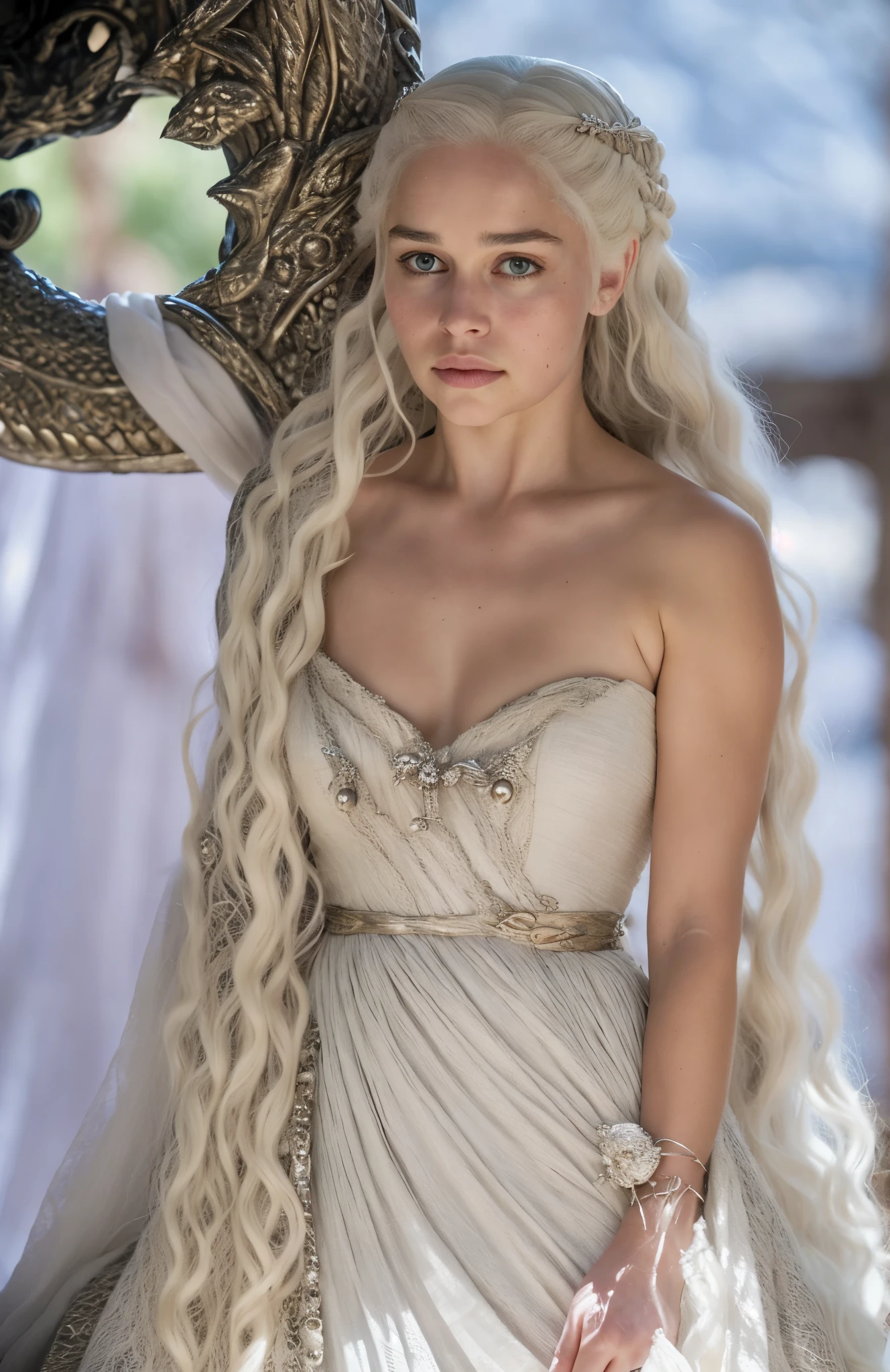 female dressed as daenerys targaryen, gorgeous, attractive, flirting, (((full body visible in costume))), looking at viewer, portrait, photography, detailed skin, realistic, photo-realistic, 8k, highly detailed, full length frame, High detail RAW color art, piercing, diffused soft lighting, shallow depth of field, sharp focus, hyperrealism, cinematic lighting, perfect cute face, cute face, perfect looks, in Daenerys targaryen get up