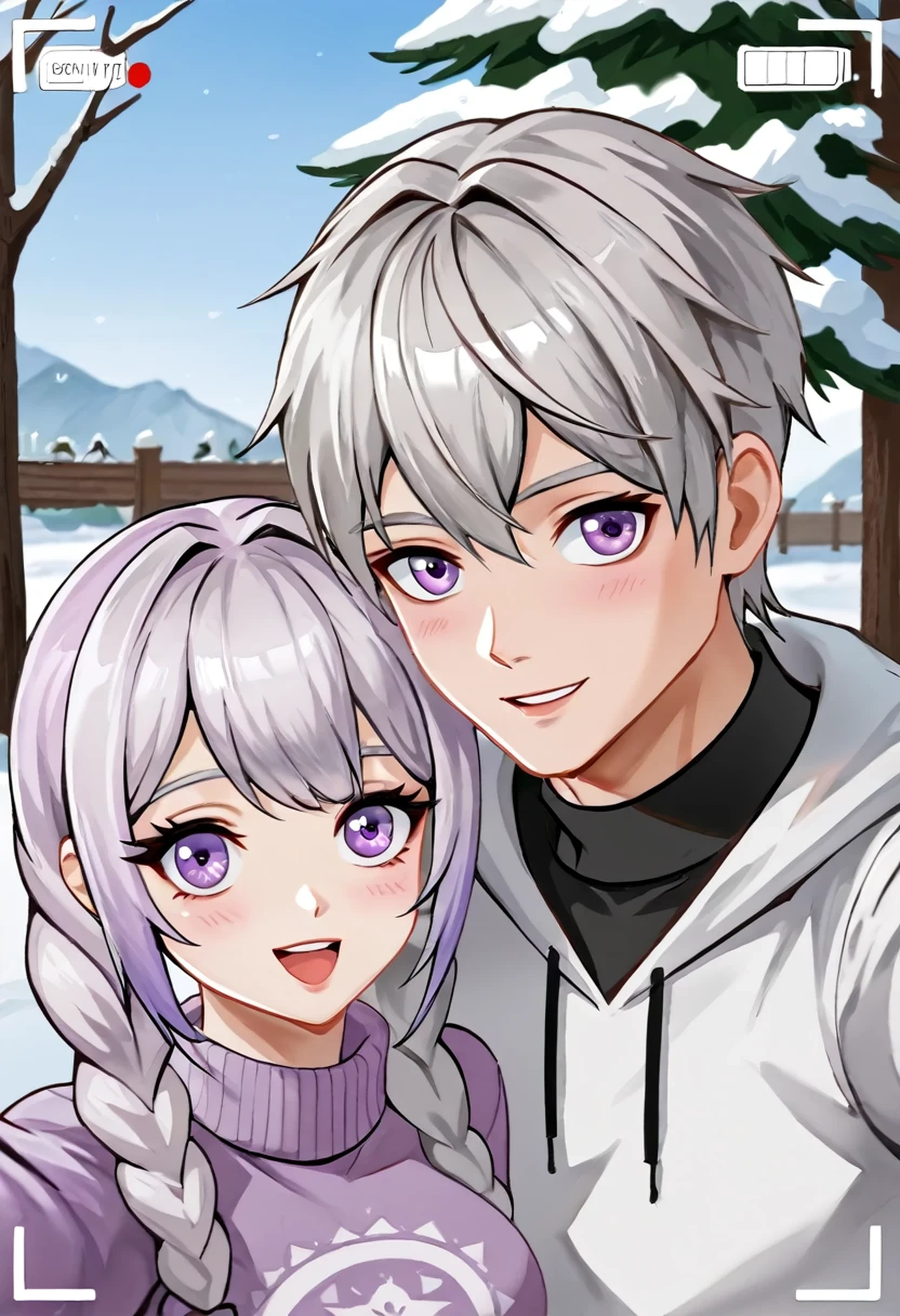 yinji(1.5),1 girl and 1 boy,There are only two people(1.5),Purple hair girl,Purple Eyes,Very long hair,Gray hair,Two braided ponytails,Big , Gray hair boy(1.8),Very handsome boy,Happy expression,best quality,winter,sweater,outdoor,snow scene,keep each other warm,exhale hot breath,looking into camera,Selfie,beautiful environment