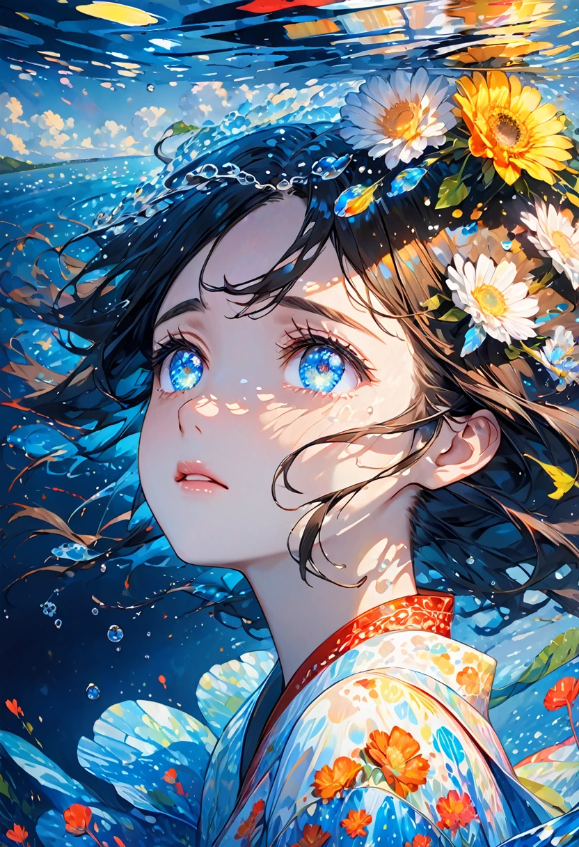 , girl swimming underwater, super detailed rendering style, glow, yellow, blue, brush, surreal oil painting, shining eyes, tears, crying, tearful eyes, head close-up, exaggerated perspective, Tyndall effect, water droplets , mother of pearl iridescence, holographic white, black background,