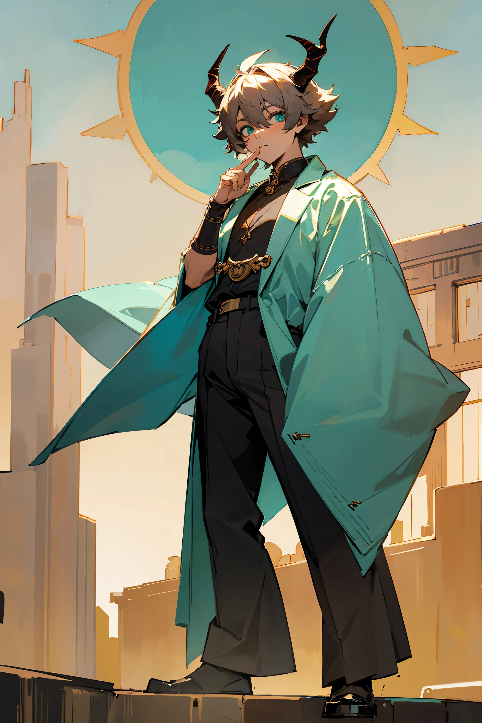 Masterpiece Quality, Perfect Generation, Detailed Eyes, , , short hair, , , , full body, shrine background, deep eyes, , , city background, eyes, skin, clothed, demons, horns, turquoise color, standing, male, guy, male, afro, sunglasses, confident