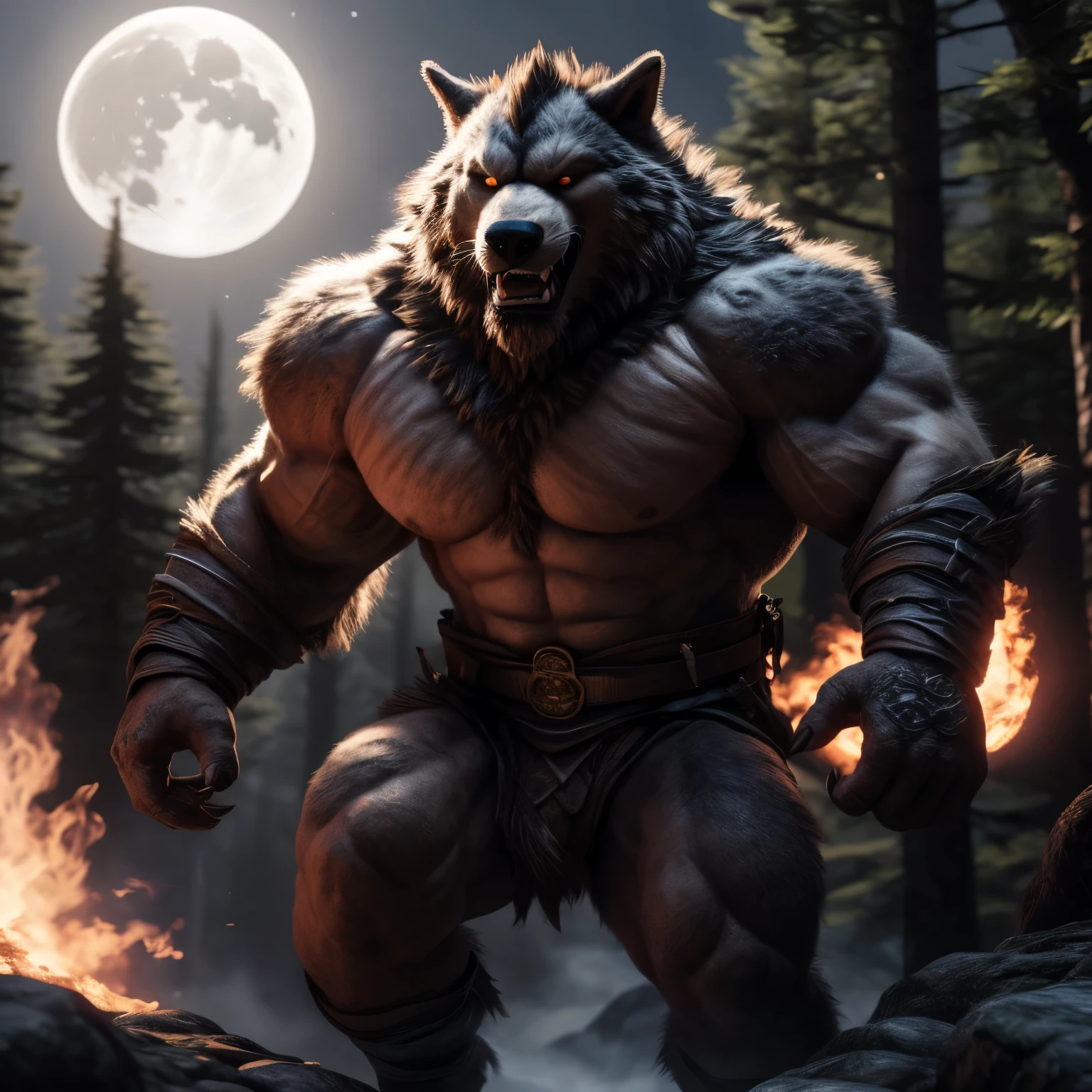 Two friends, clad in battle-ready attire and exhibiting muscular physiques, cautiously navigate through a dense, moonlit forest with a determined hunt for meat-hungry werewolves. The pair are depicted in a dynamic pose, the taller friend standing with a relaxed yet intense expression, while the shorter one walks with a slight stride, both their faces illuminated by a warm, soft lens flare.
This meticulously crafted scene, showcasing intricate detail in every aspect, is a 3D render masterpiece, trending on ArtStation, created by the talented artist "Sebastian K", displaying a harmonious blend of bara aesthetics and realistic elements