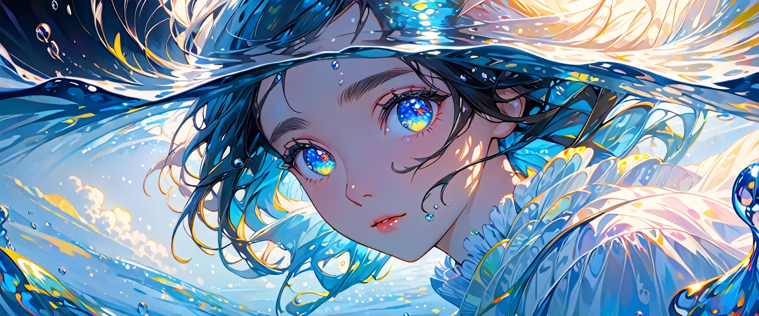 girl swims underwater,hyper detailed render style,glow,yellow,blue,brush,surreal oil painting,shiny eyes,head closeup,exaggerated perspective,tyndall effect,water drops,mother of pearl iridescence,holographic white,black background,