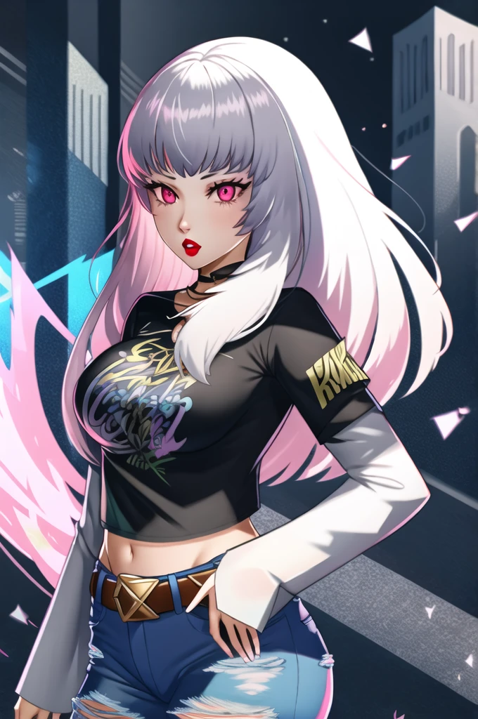 (masterpiece:1.2), best quality, high resolution, 1girl, solo, lysithea, white hair, pink eyes, 1girl, solo, black t-shirt, white shirt, blue jeans, belt, lipstick, large breasts, layered sleeves