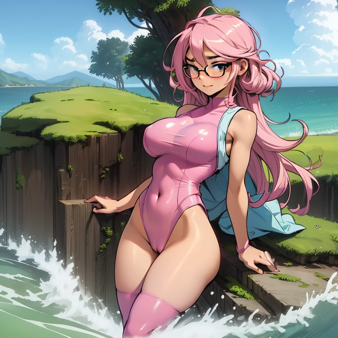 (masterpiece, best quality:1.2), cowboy shot, (solo), (1girl):1.5, (glasses), long fluffy pink hair, hair blowing, gorgeous body, wide hips, slight smile, ((very sexy and transparent (blue leotard)) with exposed navel), musculous belly, gorgeous huge breasts, ((pink breasts niples) under very transparent blue leotard), (cameltoe), in front a waterfall in a windy beach, view form sea to beach.