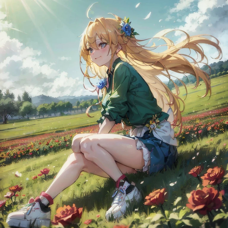 Anime girl sitting in flower garden with sun background, blonde anime girl with long hair, Beautiful anime girl, Beautiful sunflower anime girl, Anime visuals of cute girls, Smooth Anime CG Art, Anime Girl with Long Hair, Beautiful anime, marin kitagawa fanart, Beautiful Anime Portrait, High quality anime art style, anime style 4 k, pretty anime girl